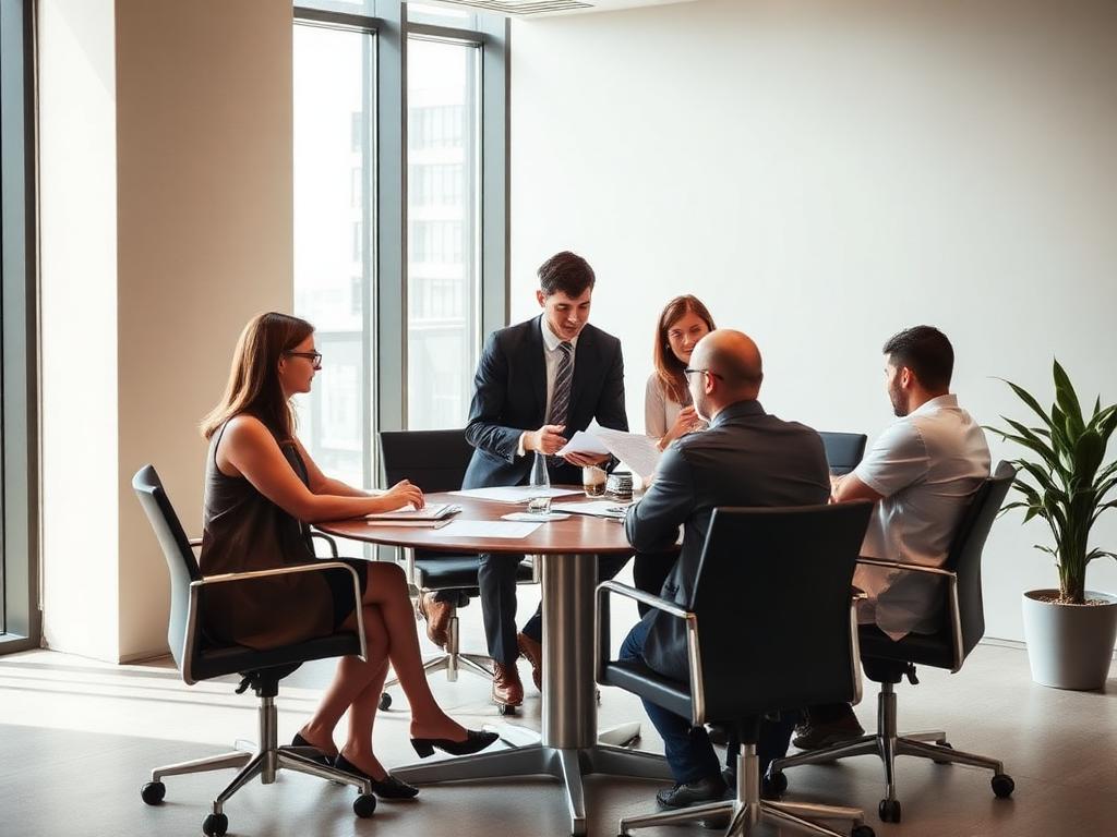 Equipe reunida em escritório analisando documentos financeiros