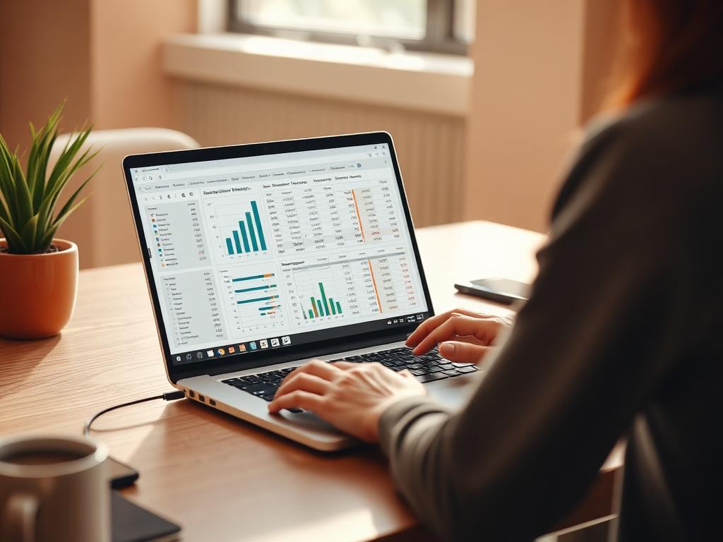 Profissional analisando relatórios financeiros em um notebook